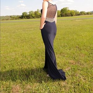 Navy prom formal pearl trim